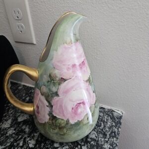 vintage porcelain pitcher with floral pattern and gold details- bottom stamped